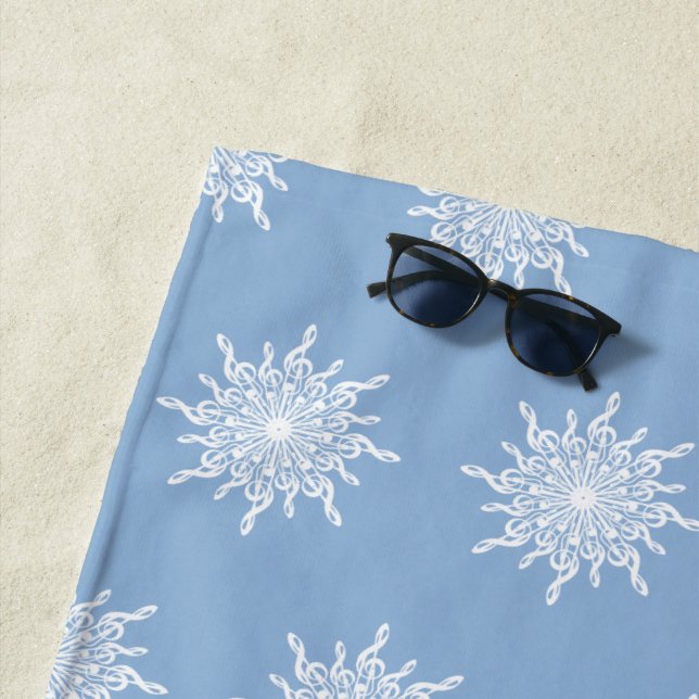 Winter Blue Ornamental G-Clef Snowflake Pattern Beach Towel (In Situ)