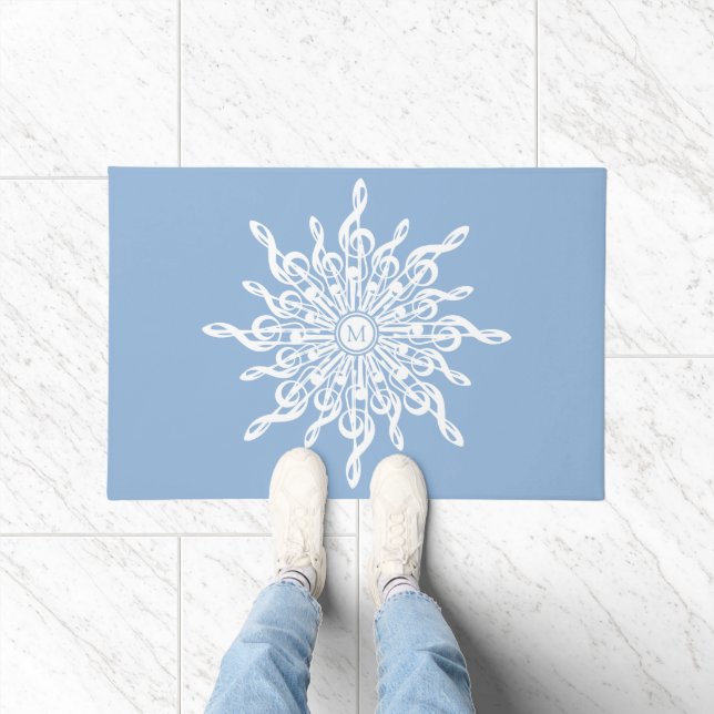 Winter Blue Ornamental Monogram G-Clef Snowflake Doormat (Indoor)