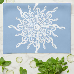 Winter Blue Ornamental Monogram G-Clef Snowflake Kitchen Towel