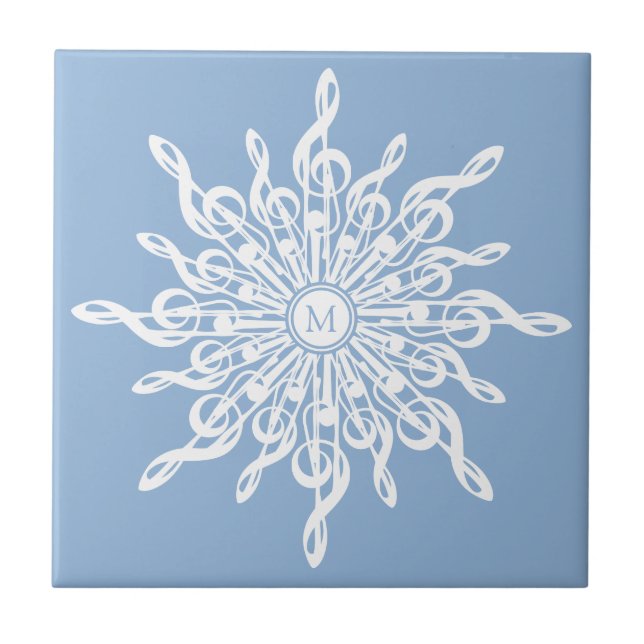 Winter Blue Ornamental Monogram G-Clef Snowflake Tile (Front)