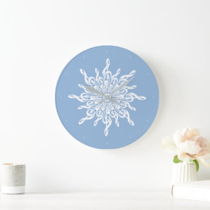 Winter Blue Ornamental Treble Clef Snowflake Large Clock