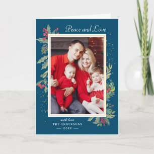 Winter Blue Peace and Love Holly Berries Photo Holiday Card