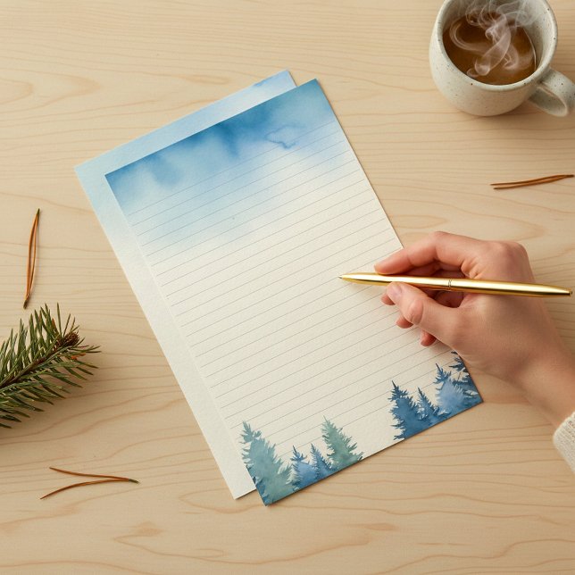 Winter blue pine trees lined stationery (Winter blue pine trees lined stationery.)