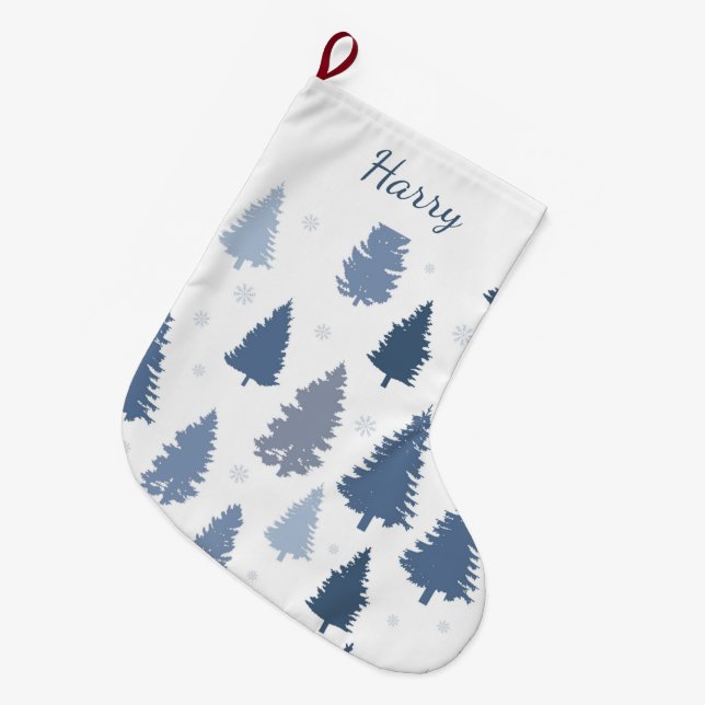 Winter Blue Pine Trees Pattern Custom Large Christmas Stocking (Front (Hanging))