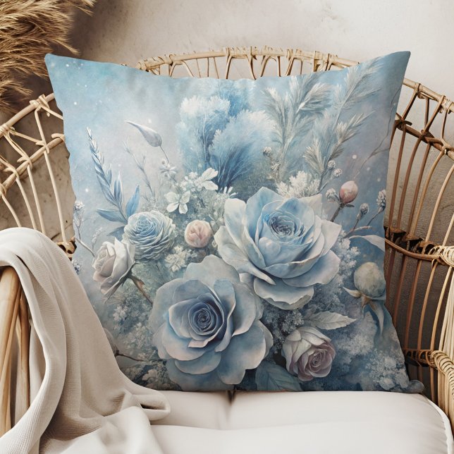 Winter Blue Rose Bouquet Decorative Pillow (Winter Blue Rose Bouquet Decorative Pillow in a boho rattan armchair.)