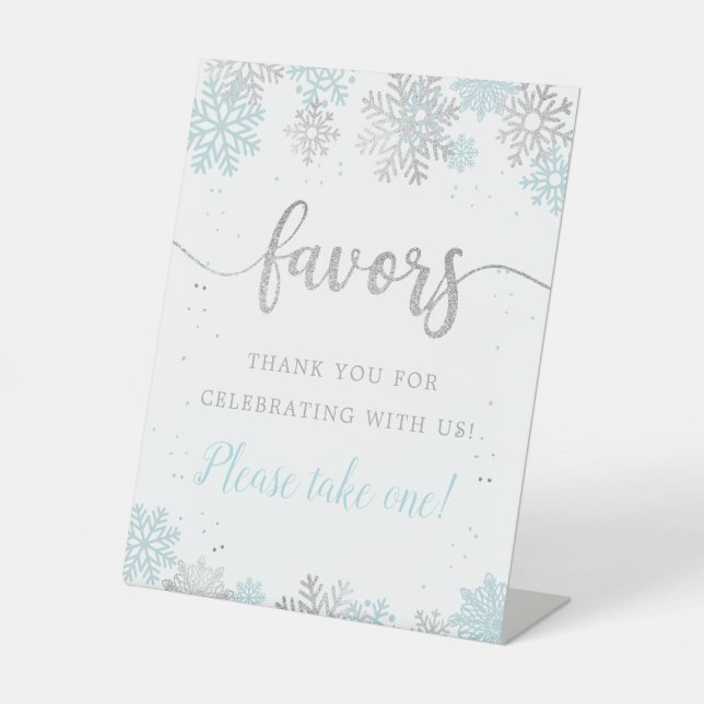Winter Blue Silver Snowflake Favours Please Take 1 Pedestal Sign (Front)