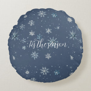 Winter Blue Silver Snowflakes Christmas Round Pillow