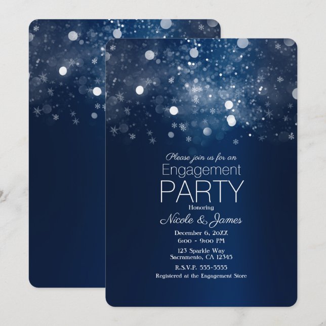 Winter Blue Silver Sparkling Lights Engagement Invitation (Front/Back)