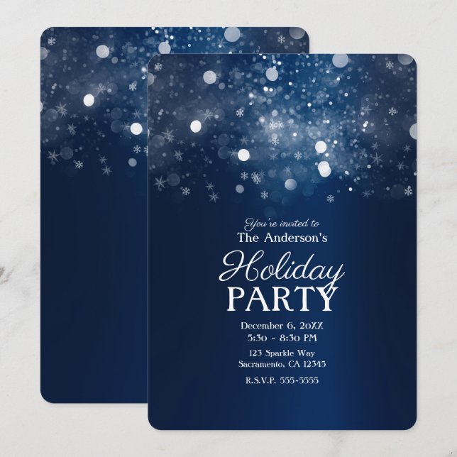 Winter Blue Silver Sparkling Lights Holiday Party Invitation (Front/Back)