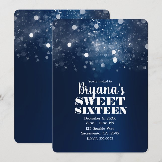 Winter Blue Silver Sparkling Lights Sweet 16 Party Invitation (Front/Back)