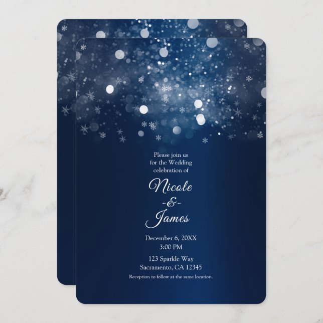 Winter Blue Silver Sparkling Lights Wedding Invitation (Front/Back)