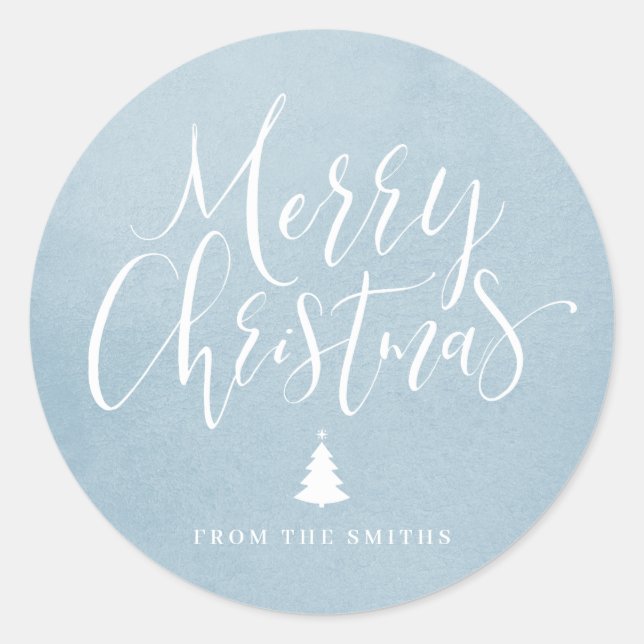 Winter Blue Simple Calligraphy Merry Christmas Classic Round Sticker (Front)