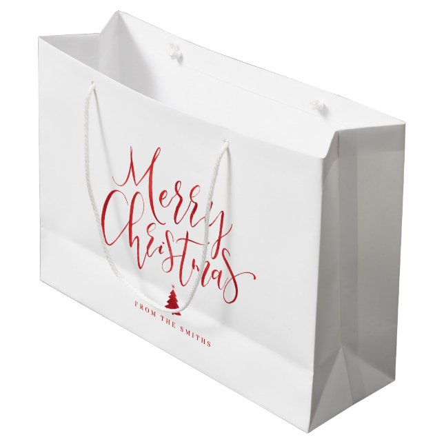 Winter Blue Simple Calligraphy Merry Christmas Large Gift Bag (Front Angled)