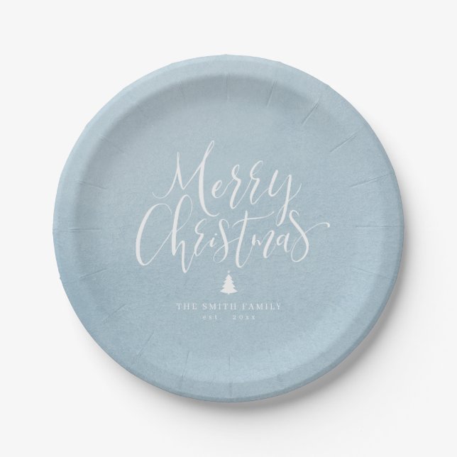 Winter Blue Simple Calligraphy Merry Christmas Paper Plate (Front)