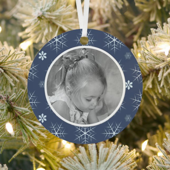 Winter Blue Snowflake Cute Photo Personalized Metal Ornament (Insitu)