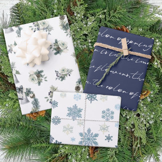 Winter Blue Snowflake Floral Christmas Wrapping Paper Sheet