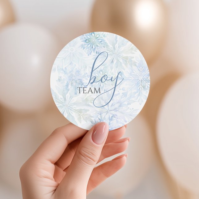 Winter Blue Snowflake Gender Reveal Team Boy Classic Round Sticker (Creator Uploaded)