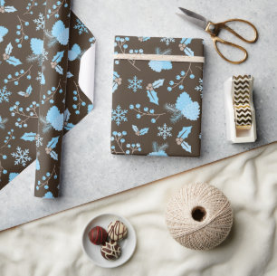 Winter Blue Snowflake Mistletoe Pinecone Seamless Wrapping Paper