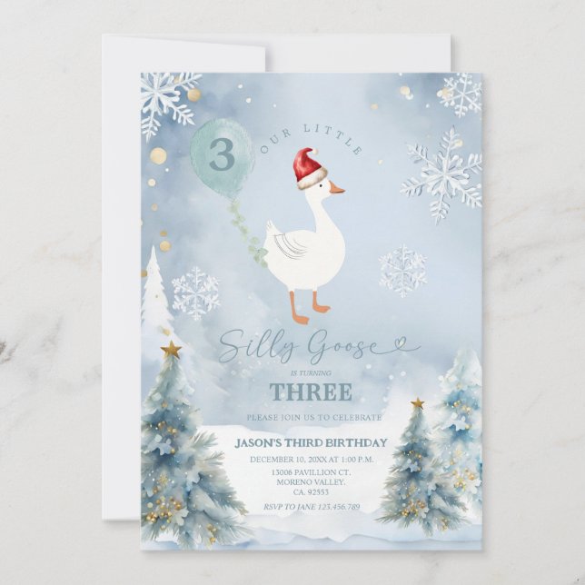 Winter Blue Snowflake Silly Goose 3rd Birthday Invitation (Front)