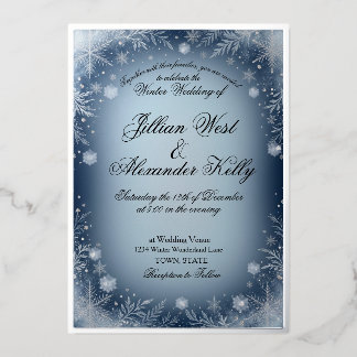 Winter Blue Snowflake Silver Wedding Invitation