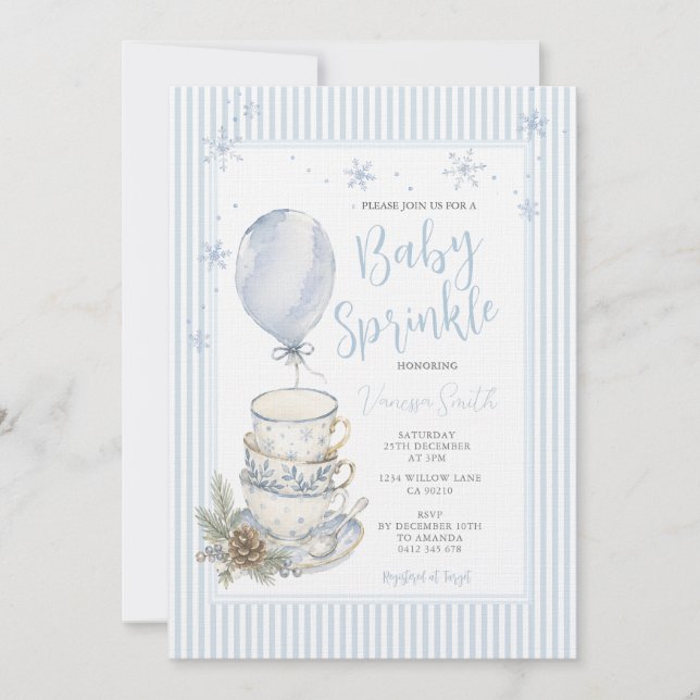 Winter Blue Snowflake Teacup  Baby Sprinkle Invitation (Front)