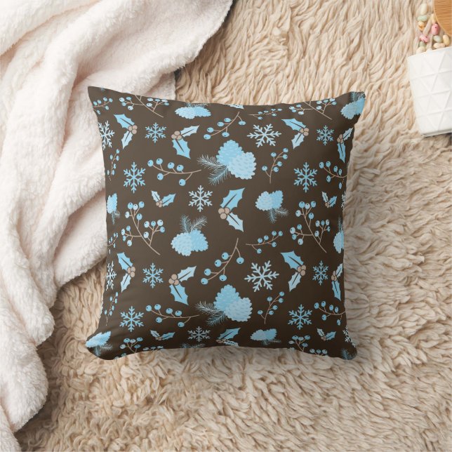 Winter Blue Snowflakes Mistletoe Pinecone Brown  Throw Pillow (Blanket)
