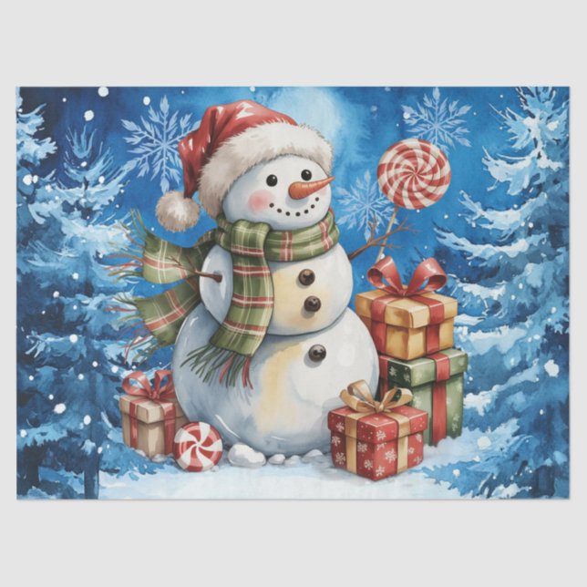 Winter Blue Snowman & Christmas Presents Tissue Paper (Front)