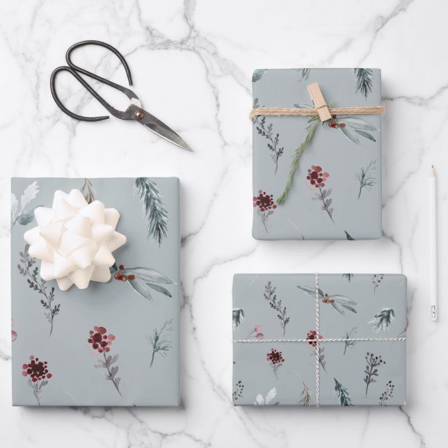 Winter Blue Spruce & Mulled Berries Sage Green Wrapping Paper Sheet (Front)