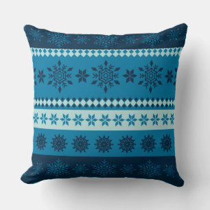 Winter Blue Stripe Snowflake Christmas Throw Pillow