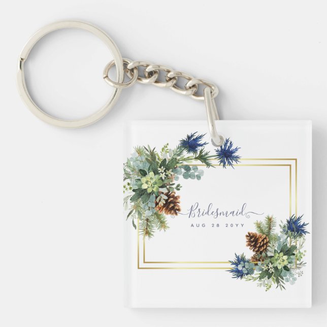 Winter Blue Thistle Eucalyptus Wedding Wonderland Keychain (Front)