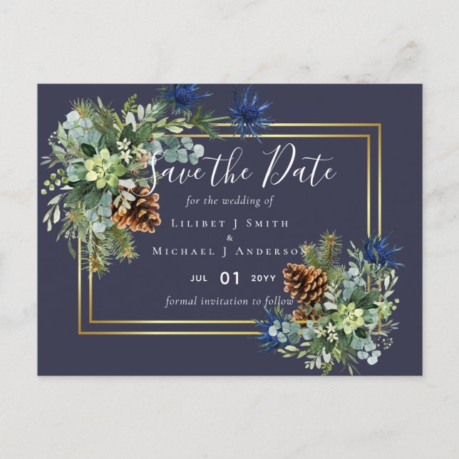 Winter Blue Thistle Eucalyptus Wedding Wonderland Postcard (Front)