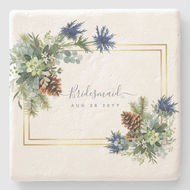 Winter Blue Thistle Eucalyptus Wedding Wonderland Stone Coaster (Front)