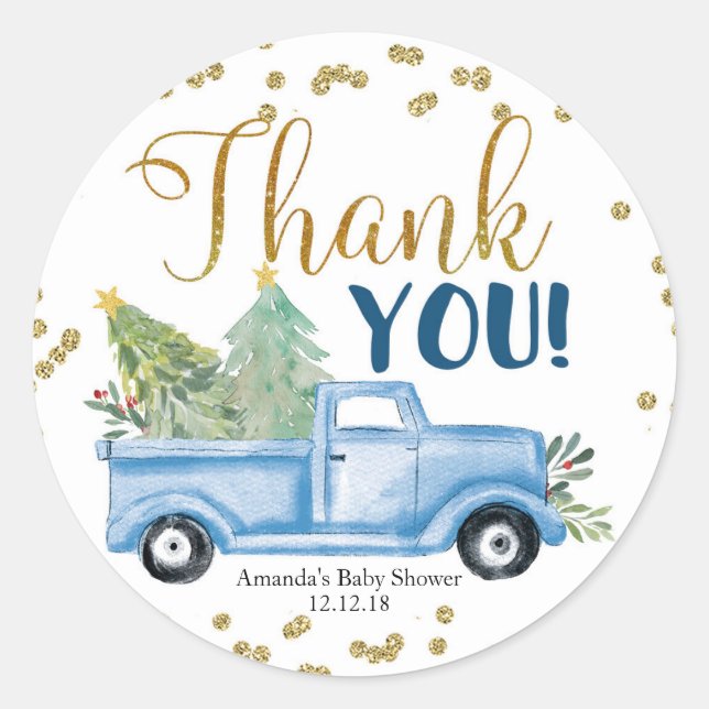 Winter Blue Truck Baby Shower Thank You Tag (Front)