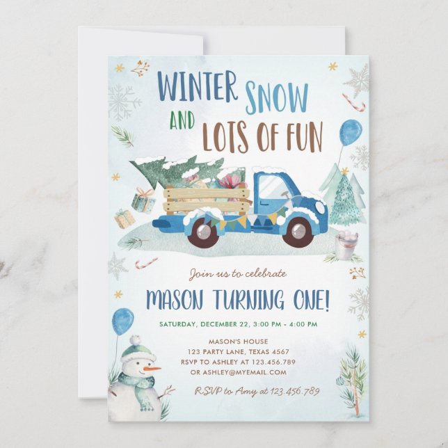 Winter Blue Truck Snow Fun Boy First Birthday Invitation (Front)