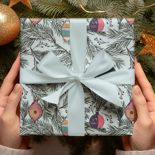 Winter Blue Vintage Xmas Ornaments, Pine, Berries Wrapping Paper