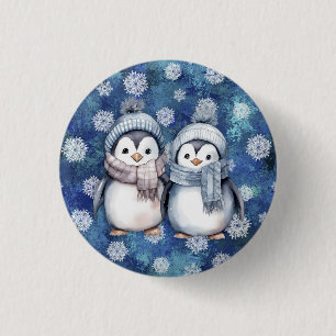 Winter Blue Watercolor Penguins Scarves Hats 1 Inch Round Button