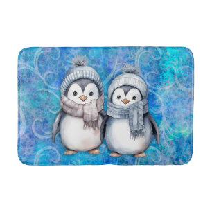 Winter Blue Watercolor Penguins Scarves Hats Bath Mat