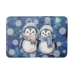 Winter Blue Watercolor Penguins Scarves Hats Bath Mat