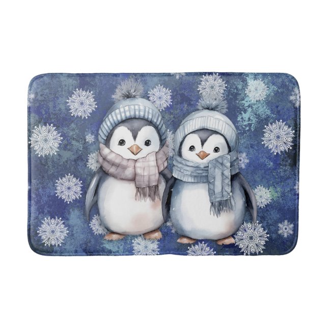 Winter Blue Watercolor Penguins Scarves Hats Bath Mat (Front)