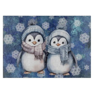 Winter Blue Watercolor Penguins Scarves Hats Cutting Board