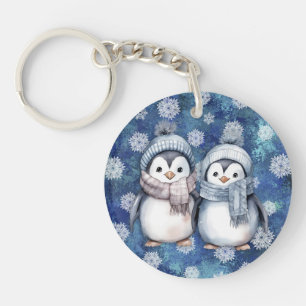 Winter Blue Watercolor Penguins Scarves Hats Keychain