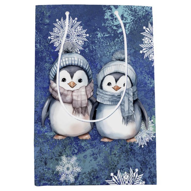 Winter Blue Watercolor Penguins Scarves Hats Medium Gift Bag (Front)