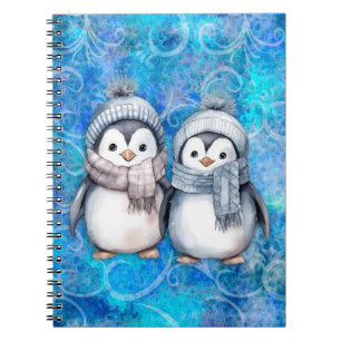 Winter Blue Watercolor Penguins Scarves Hats Notebook