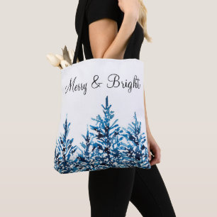 Winter Blue Watercolor Pine Trees Tote Bag