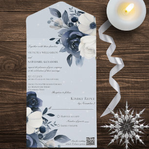 Winter Blue & White Floral on Pale Blue QR Code  All In One Invitation