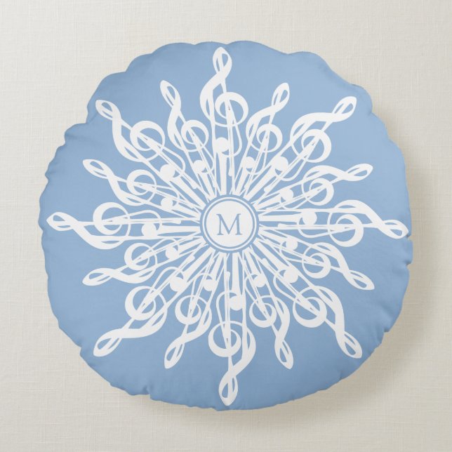 Winter Blue White Snowflake Music Notes Monogram Round Pillow (Front)