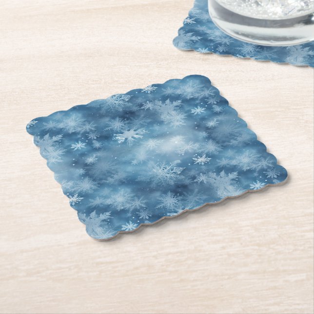 Winter Blue White Snowflakes Christmas Paper Coaster (Angled)