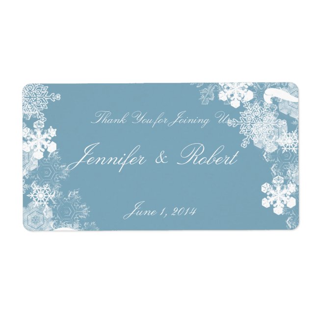 Winter Blue White Snowflakes Wedding Water Label (Front)