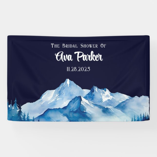 Winter Blue White Snowy Mountains Bridal Shower Banner (Horizontal)