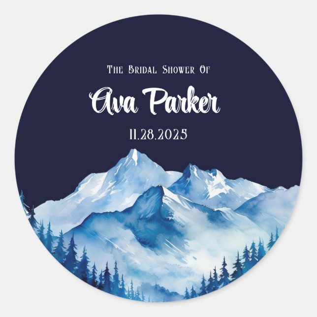 Winter Blue White Snowy Mountains Bridal Shower Classic Round Sticker (Front)